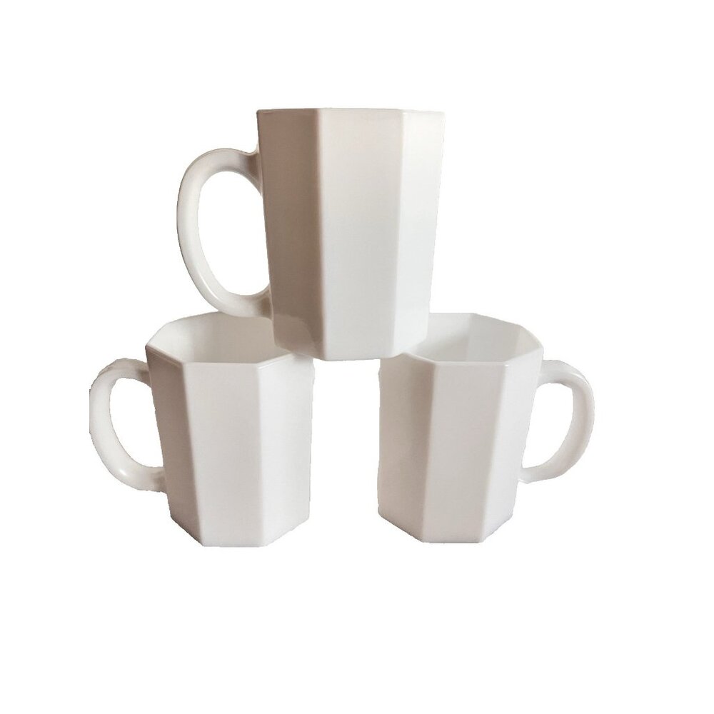 Lot 3 Arcopal France Octagonal White Milk Glass Mug French Dinnerware Coffee Tea